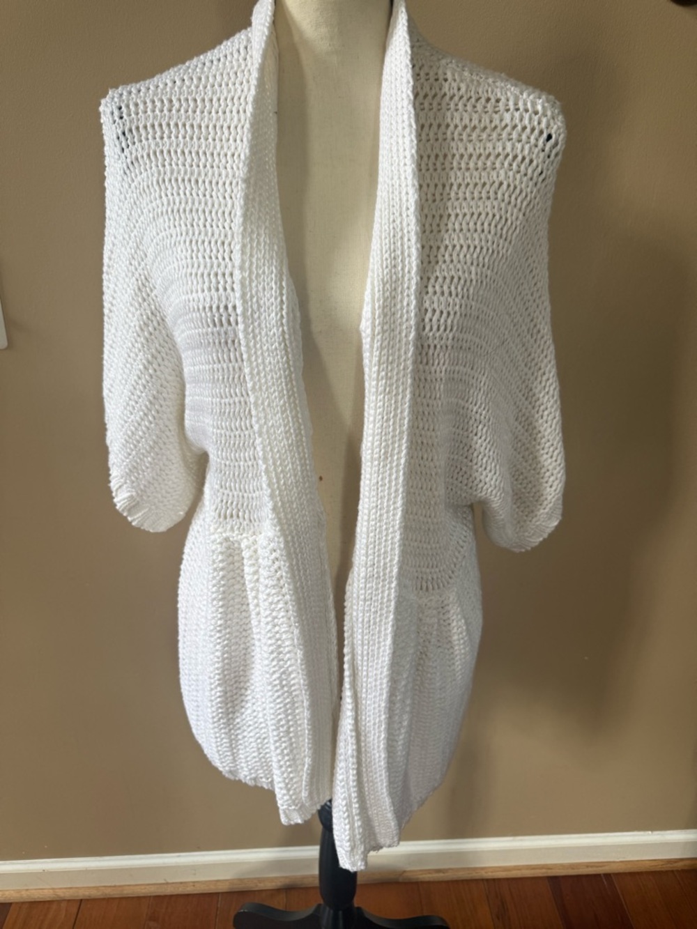 Chico's open front cardigan sweater white knit short dolman sleeves sz 3 (XL)